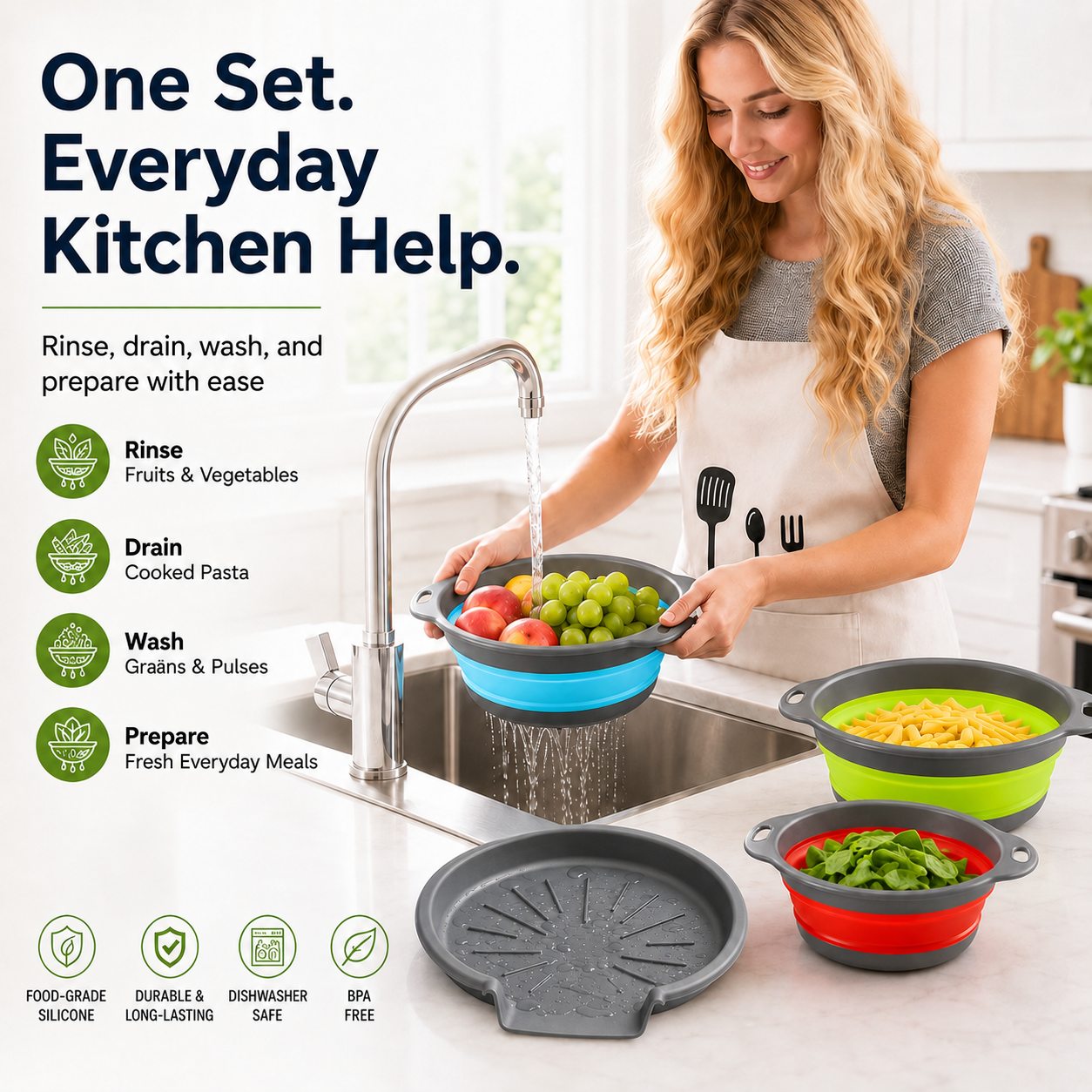 🥗 3-Piece Collapsible Colander Set – Space-Saving Strainers with Draining Base