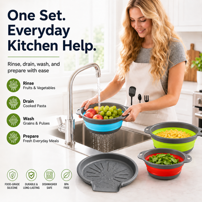 🥗 3-Piece Collapsible Colander Set – Space-Saving Strainers with Draining Base