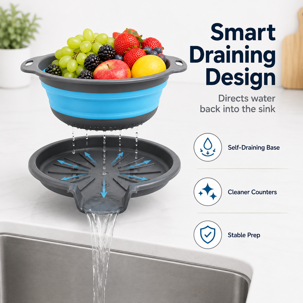 🥗 3-Piece Collapsible Colander Set – Space-Saving Strainers with Draining Base