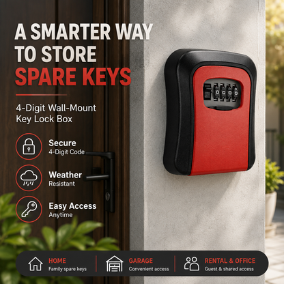 Wall Mounted Key Lock Box with 4-Digit Combination – Weather-Resistant Outdoor Spare Key Safe
