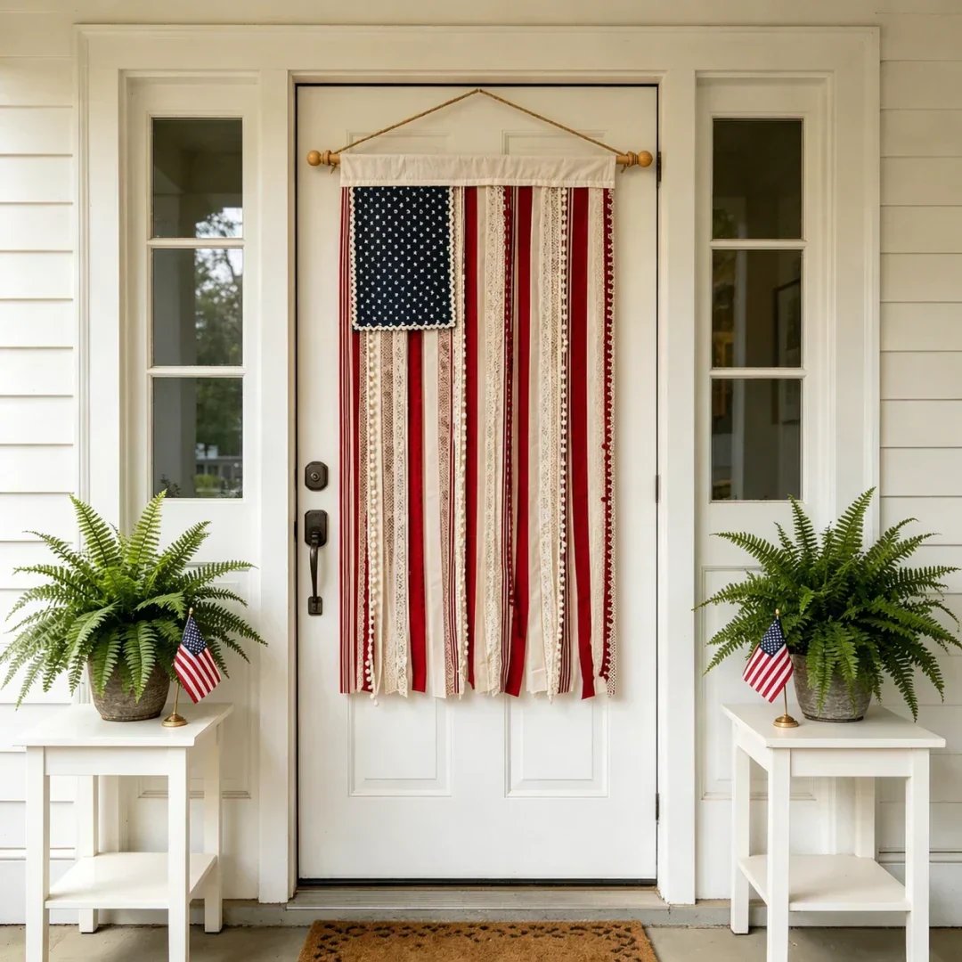 Handcrafted Lighted Rag American Flag Banner | 8 LED Modes | July 4th Patriotic Décor