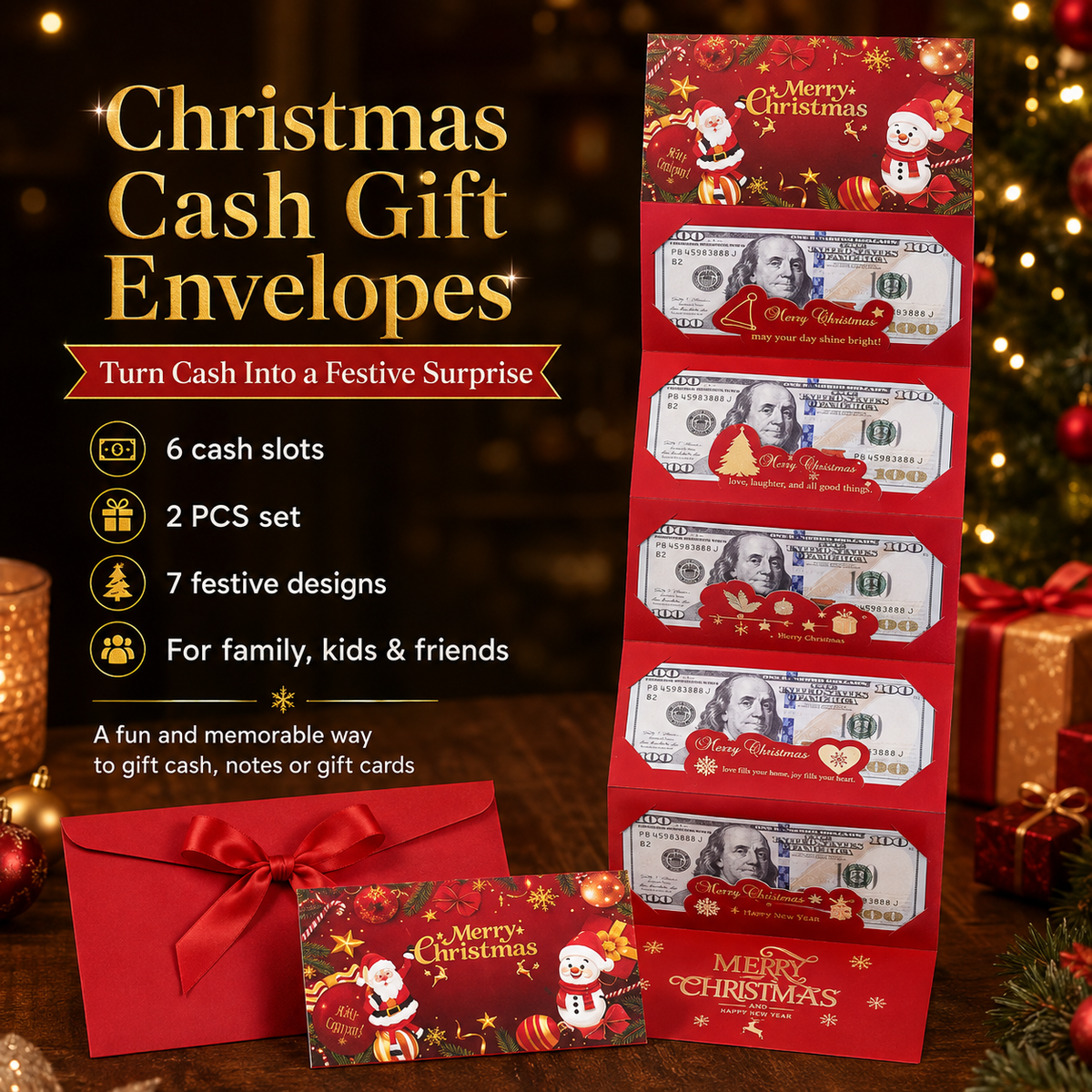 Christmas Cash Gift Envelope – 6-Slot Folding Money Holder for Holiday Gifting