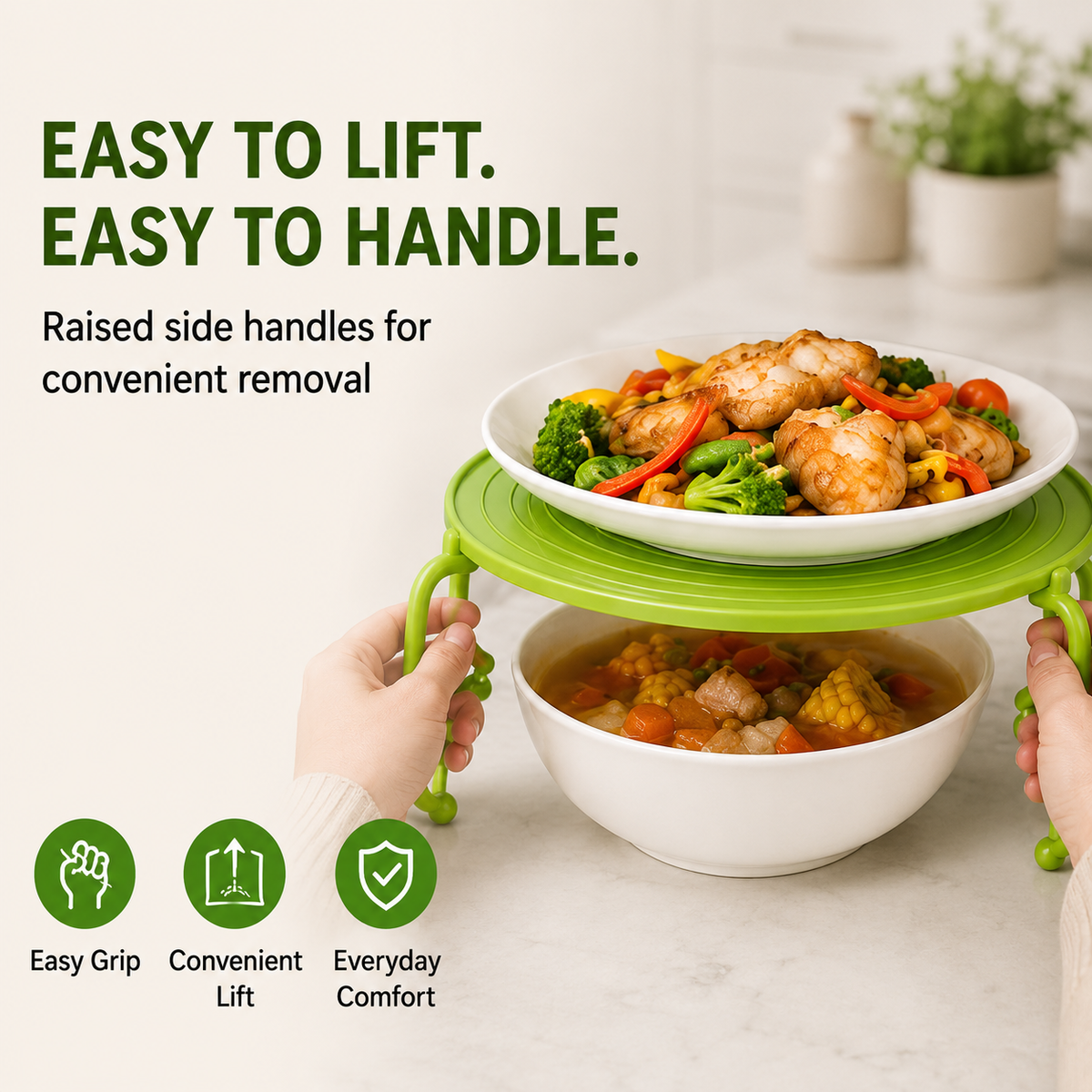 Foldable Microwave Plate Stacker with Cool-Touch Handles