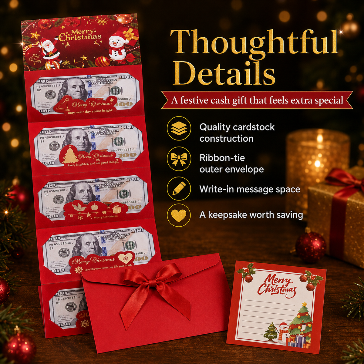 Christmas Cash Gift Envelope – 6-Slot Folding Money Holder for Holiday Gifting