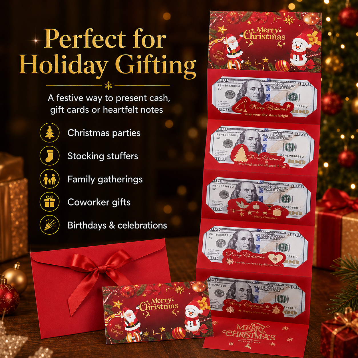Christmas Cash Gift Envelope – 6-Slot Folding Money Holder for Holiday Gifting