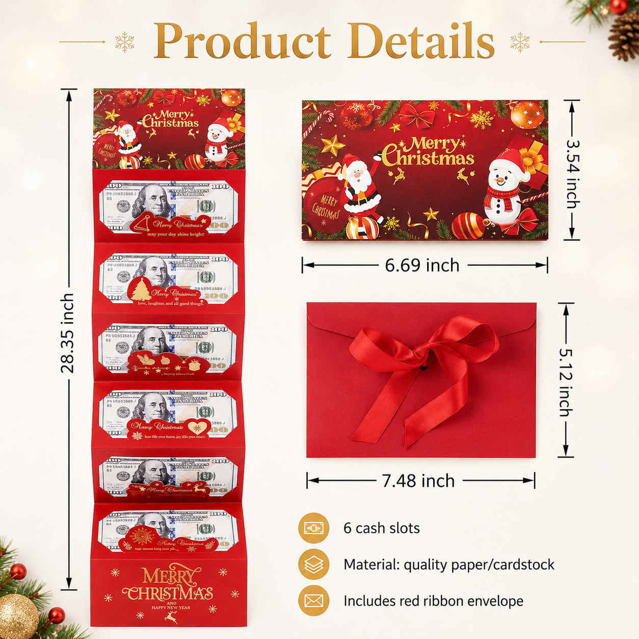Christmas Cash Gift Envelope – 6-Slot Folding Money Holder for Holiday Gifting