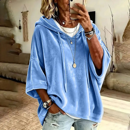 👗 Women's Minimalist Velour Hoodie – Loose Fit, 3/4 Sleeves, Soft Velvet Pullover for Fall & Winter