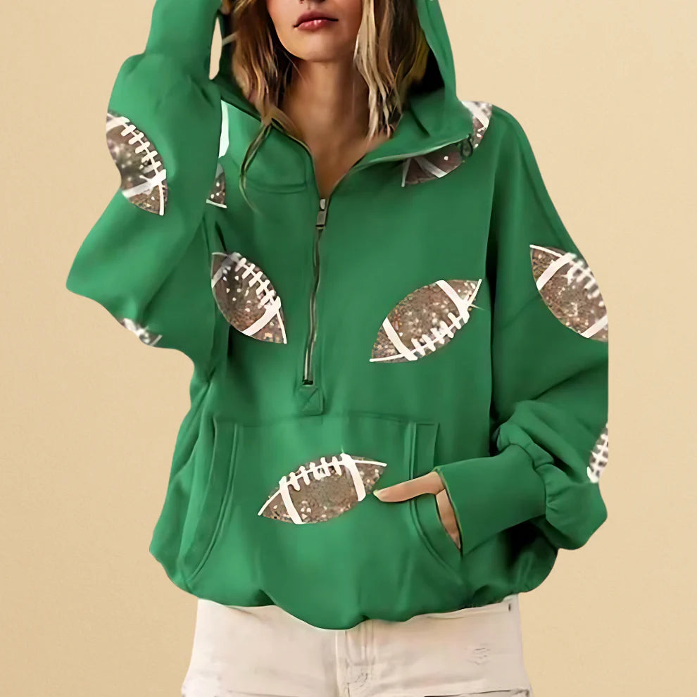 🏈 Game Day Glow – Women's Oversized Half-Zip Hoodie with Sequin Football Print, Kangaroo Pocket & Casual Longsleeve Style 💥