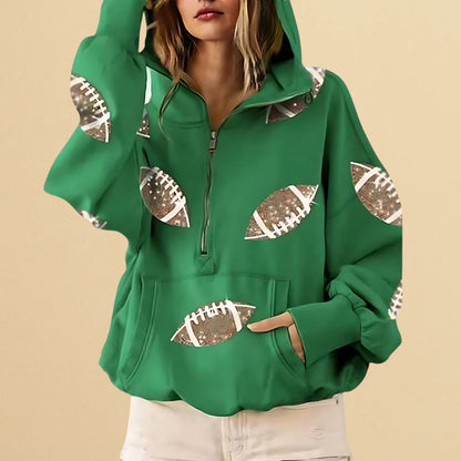 🏈 Game Day Glow – Women's Oversized Half-Zip Hoodie with Sequin Football Print, Kangaroo Pocket & Casual Longsleeve Style 💥