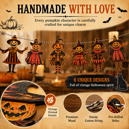 🎃 6 Piece Vintage Wooden Pumpkin Character Halloween Garland Banner Cutouts 🎃