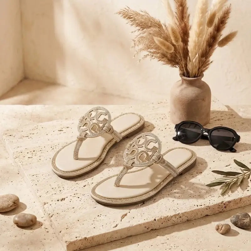 ✨ Sparkle Flat Sandals for Women – Gold Open-Toe Rhinestone Design, Comfortable Summer Slides