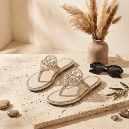 ✨ Sparkle Flat Sandals for Women – Gold Open-Toe Rhinestone Design, Comfortable Summer Slides