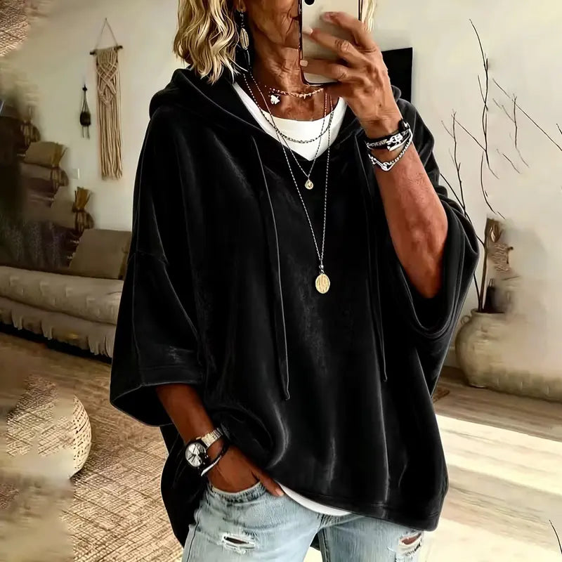 👗 Women's Minimalist Velour Hoodie – Loose Fit, 3/4 Sleeves, Soft Velvet Pullover for Fall & Winter