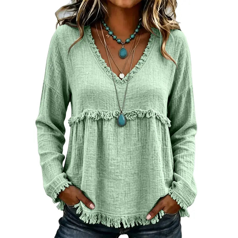 🌾Boho Fringe V-Neck Top – Flowy, Loose & Tassel Hem