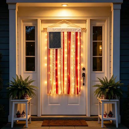Handcrafted Lighted Rag American Flag Banner | 8 LED Modes | July 4th Patriotic Décor