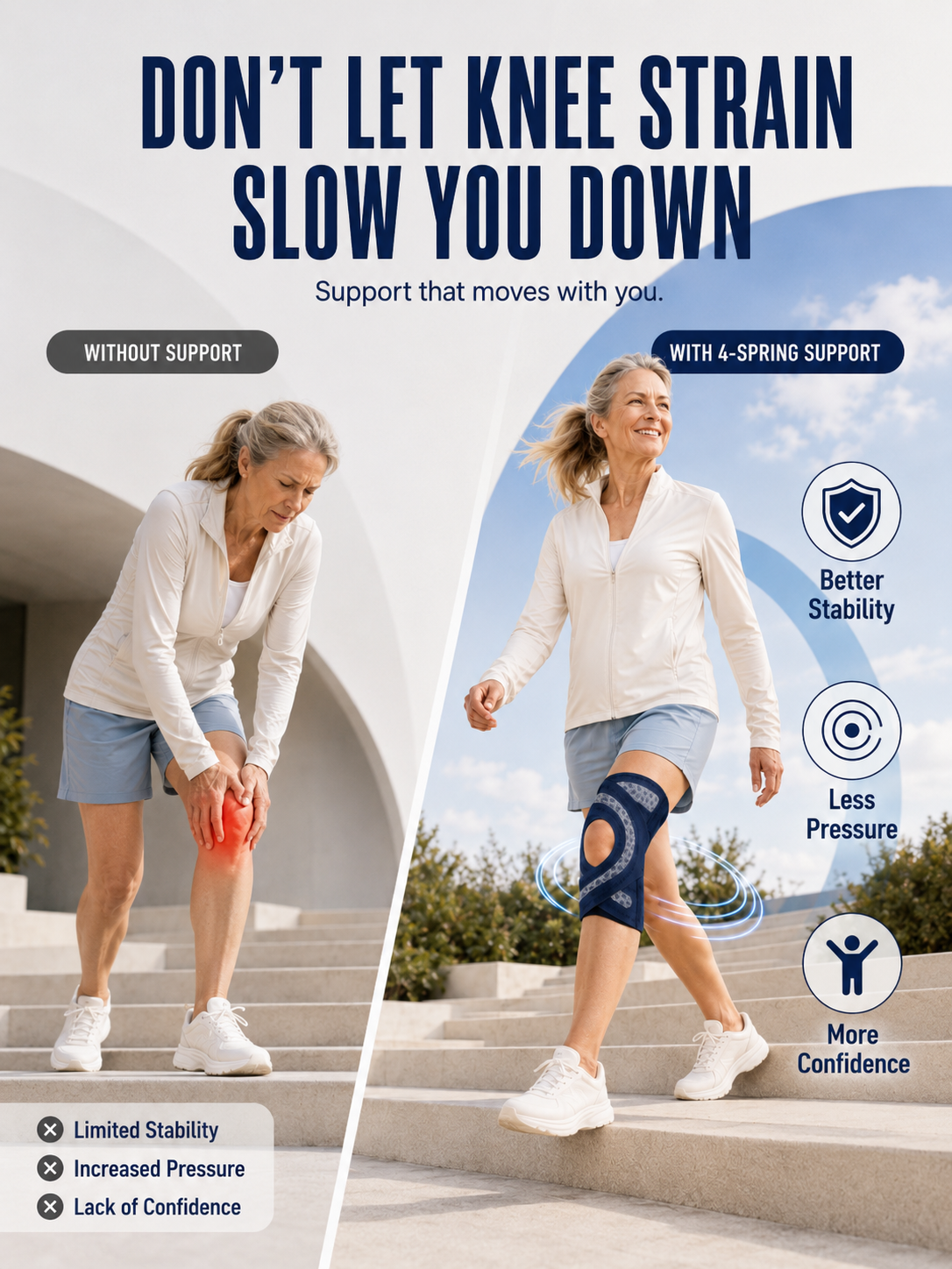 🦵 4-Spring Open-Patella Knee Brace – Adjustable Compression & Side Support