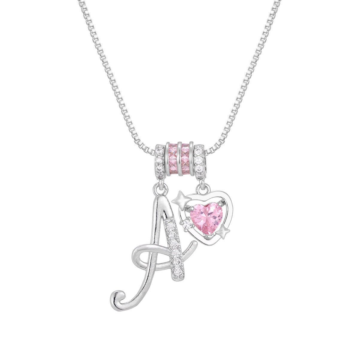 🌸 Dainty 3-Layer Initial Necklace – Silver-Plated Choker with Blush Pink CZ Charm