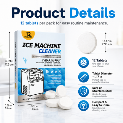 Ice Machine Cleaner Tablets – 12 Pack, Descaler & Deodorizer, Stainless Steel Safe