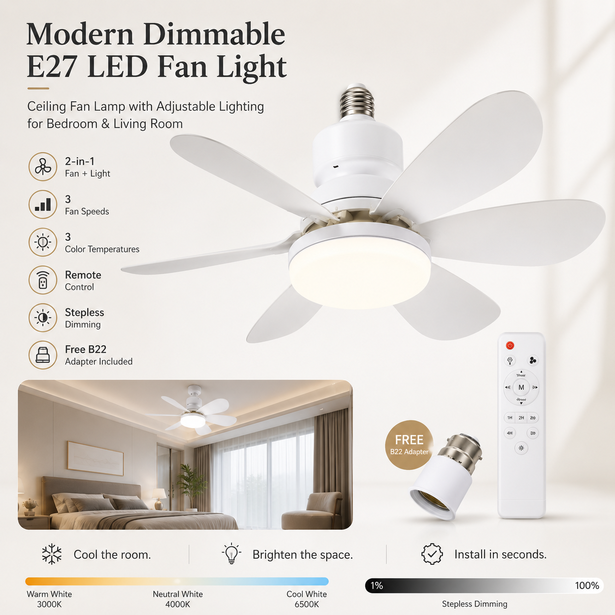 Modern Dimmable E27 LED Fan Light 