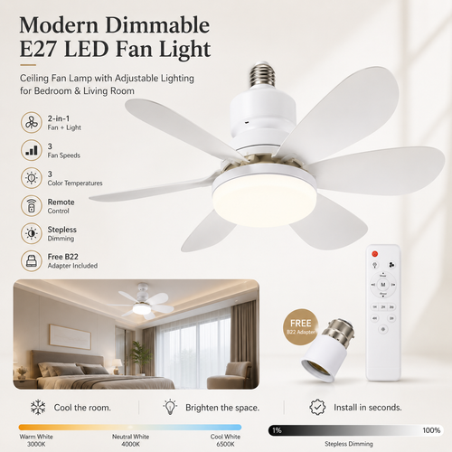 Modern Dimmable E27 LED Fan Light 