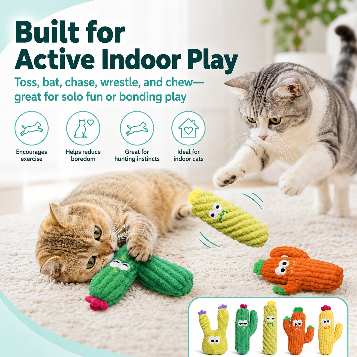 Cactus 5-Pack Cat Toy Set – Herb Filled, Teething Friendly, Natural Stimulation