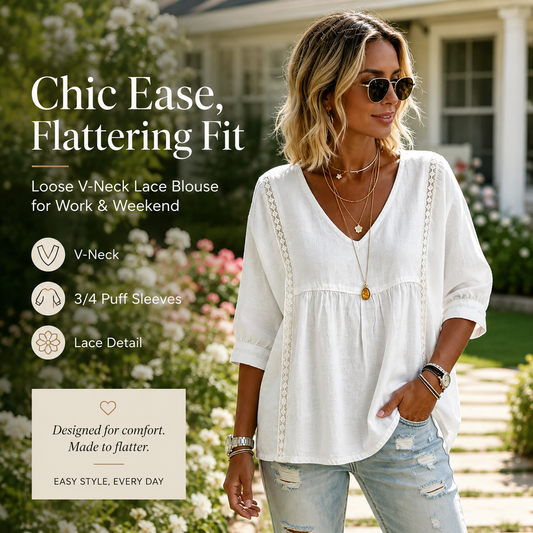 🌸 Bohemian Lace V-Neck Blouse – Puff Sleeves & Side Cut-Outs ✨