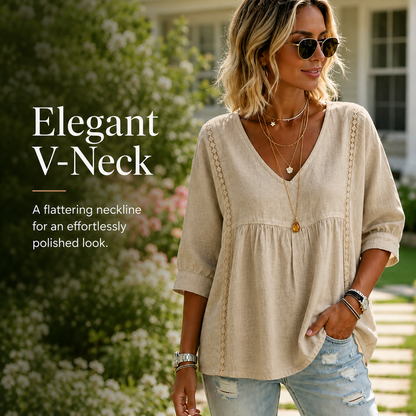 🌸 Bohemian Lace V-Neck Blouse – Puff Sleeves & Side Cut-Outs ✨