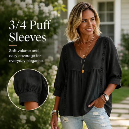 🌸 Bohemian Lace V-Neck Blouse – Puff Sleeves & Side Cut-Outs ✨