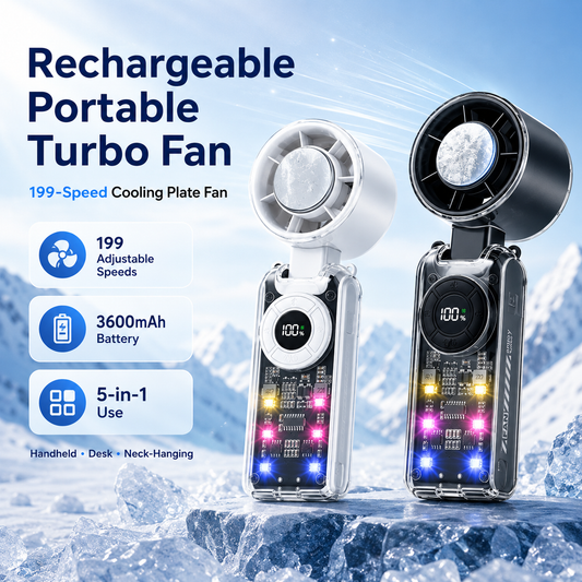 🌪️ 5-in-1 Rechargeable Turbo Fan – Cooling Plate, 199 Speeds, Digital Display, 3600mAh, for Travel & Daily Use
