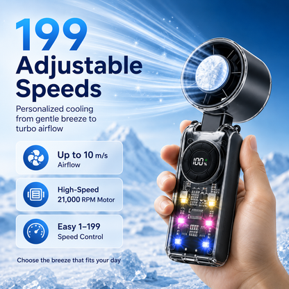 🌪️ 5-in-1 Rechargeable Turbo Fan – Cooling Plate, 199 Speeds, Digital Display, 3600mAh, for Travel & Daily Use