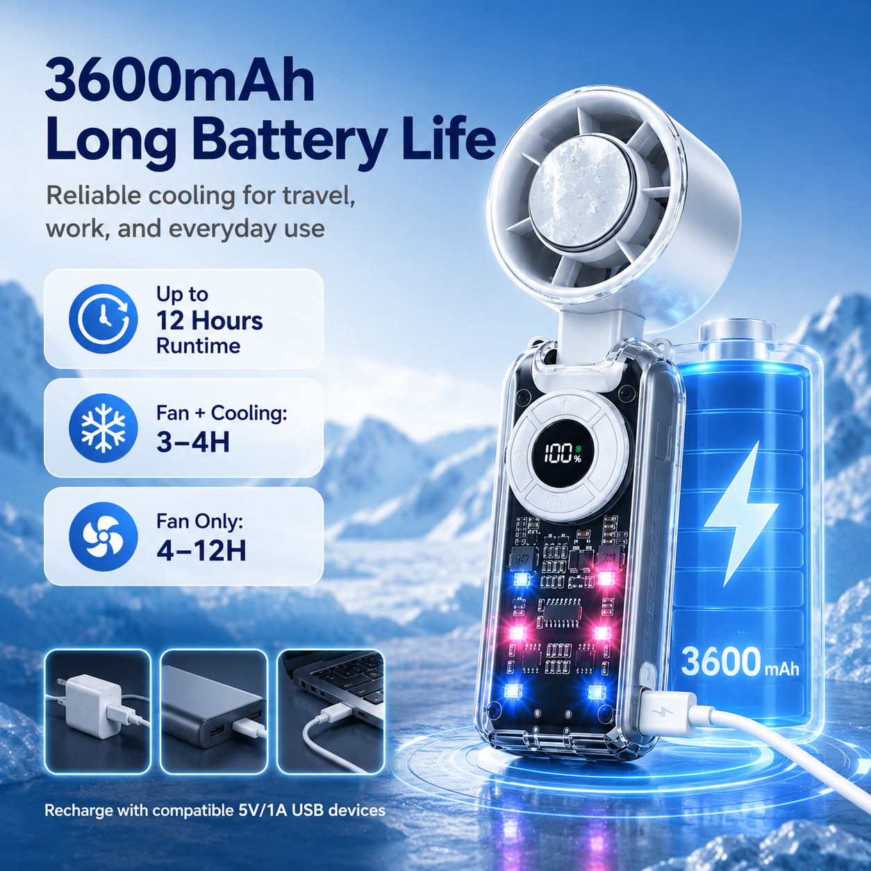 🌪️ 5-in-1 Rechargeable Turbo Fan – Cooling Plate, 199 Speeds, Digital Display, 3600mAh, for Travel & Daily Use