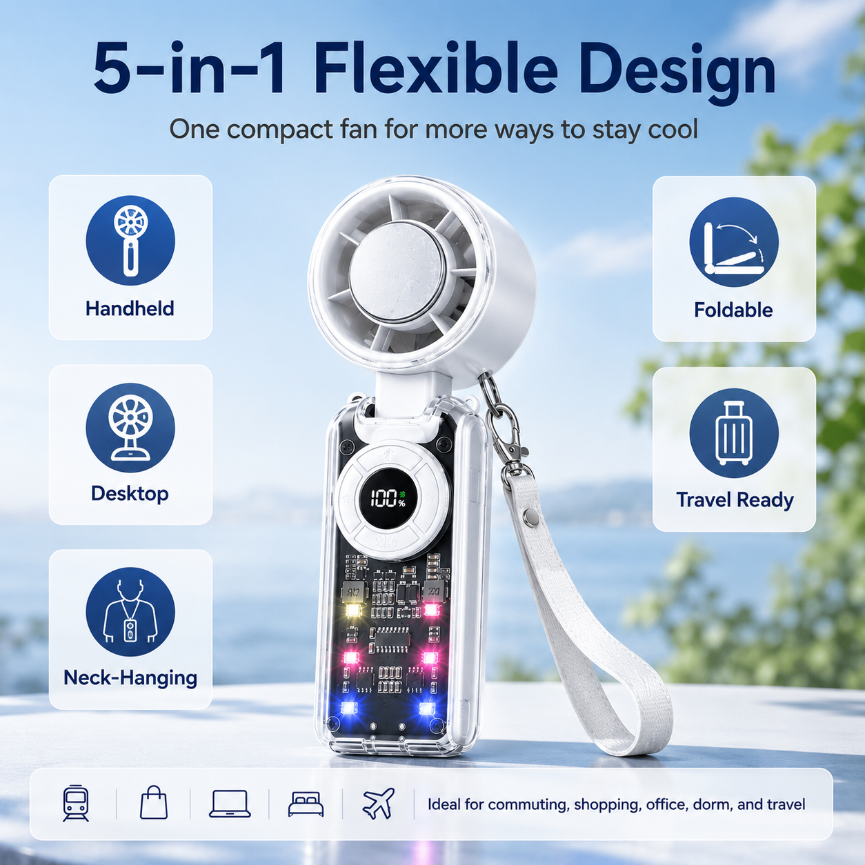 🌪️ 5-in-1 Rechargeable Turbo Fan – Cooling Plate, 199 Speeds, Digital Display, 3600mAh, for Travel & Daily Use