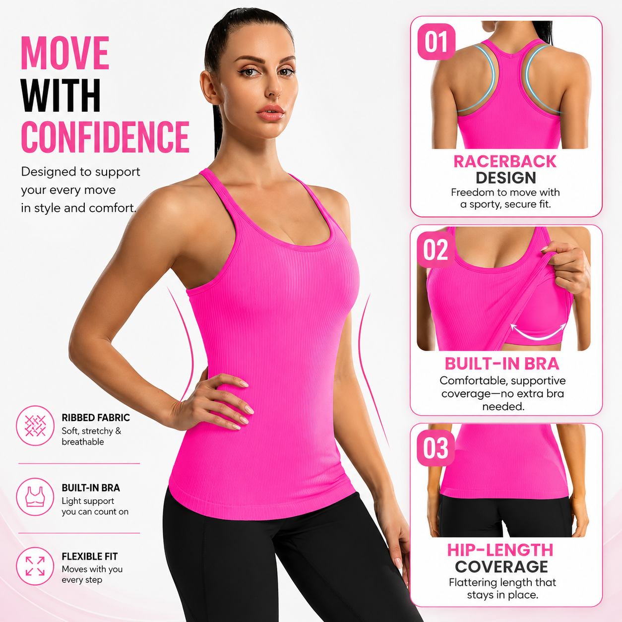 🏋️‍♀️ Women's Ribbed Workout Tank Top with Built-in Bra | Tight Racerback Scoop Neck Athletic Shirt