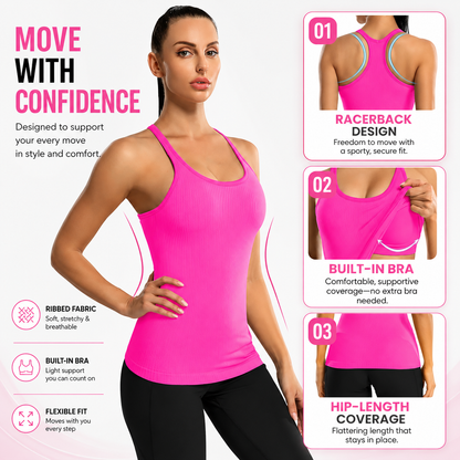 🏋️‍♀️ Women's Ribbed Workout Tank Top with Built-in Bra | Tight Racerback Scoop Neck Athletic Shirt