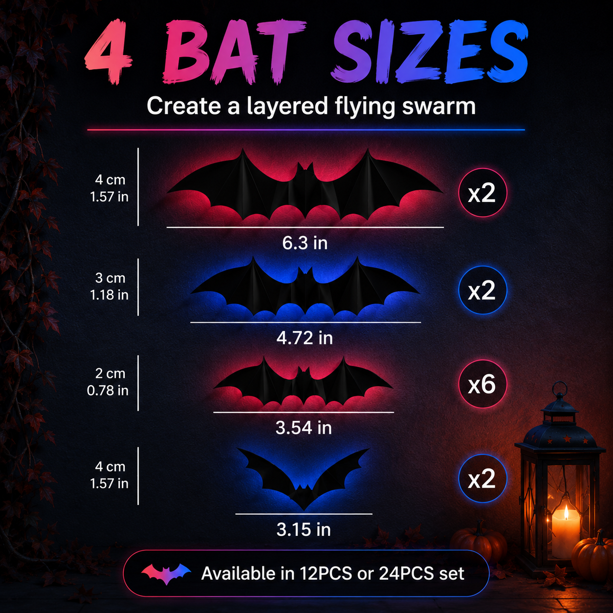 🦇 3D Bat Light Set – Spooky Wall Decor, Easy Stick, 12/24ct