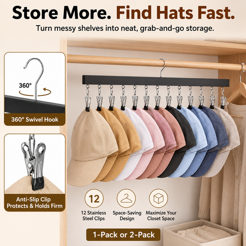 👕 2-in-1 Wooden Clip Hanger – Holds 12 Hats, Jeans, Leggings & More | Sturdy Black Garment Rack for Closet Organization 🧢👖