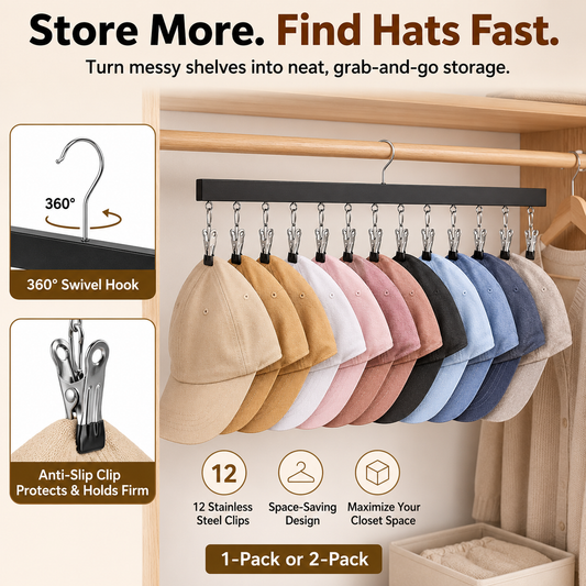 👕 2-in-1 Wooden Clip Hanger – Holds 12 Hats, Jeans, Leggings & More | Sturdy Black Garment Rack for Closet Organization 🧢👖