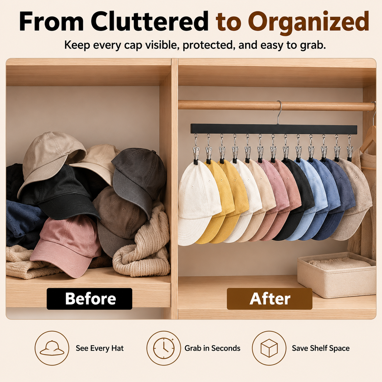 👕 2-in-1 Wooden Clip Hanger – Holds 12 Hats, Jeans, Leggings & More | Sturdy Black Garment Rack for Closet Organization 🧢👖