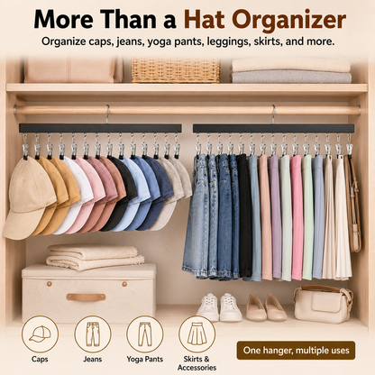 👕 2-in-1 Wooden Clip Hanger – Holds 12 Hats, Jeans, Leggings & More | Sturdy Black Garment Rack for Closet Organization 🧢👖