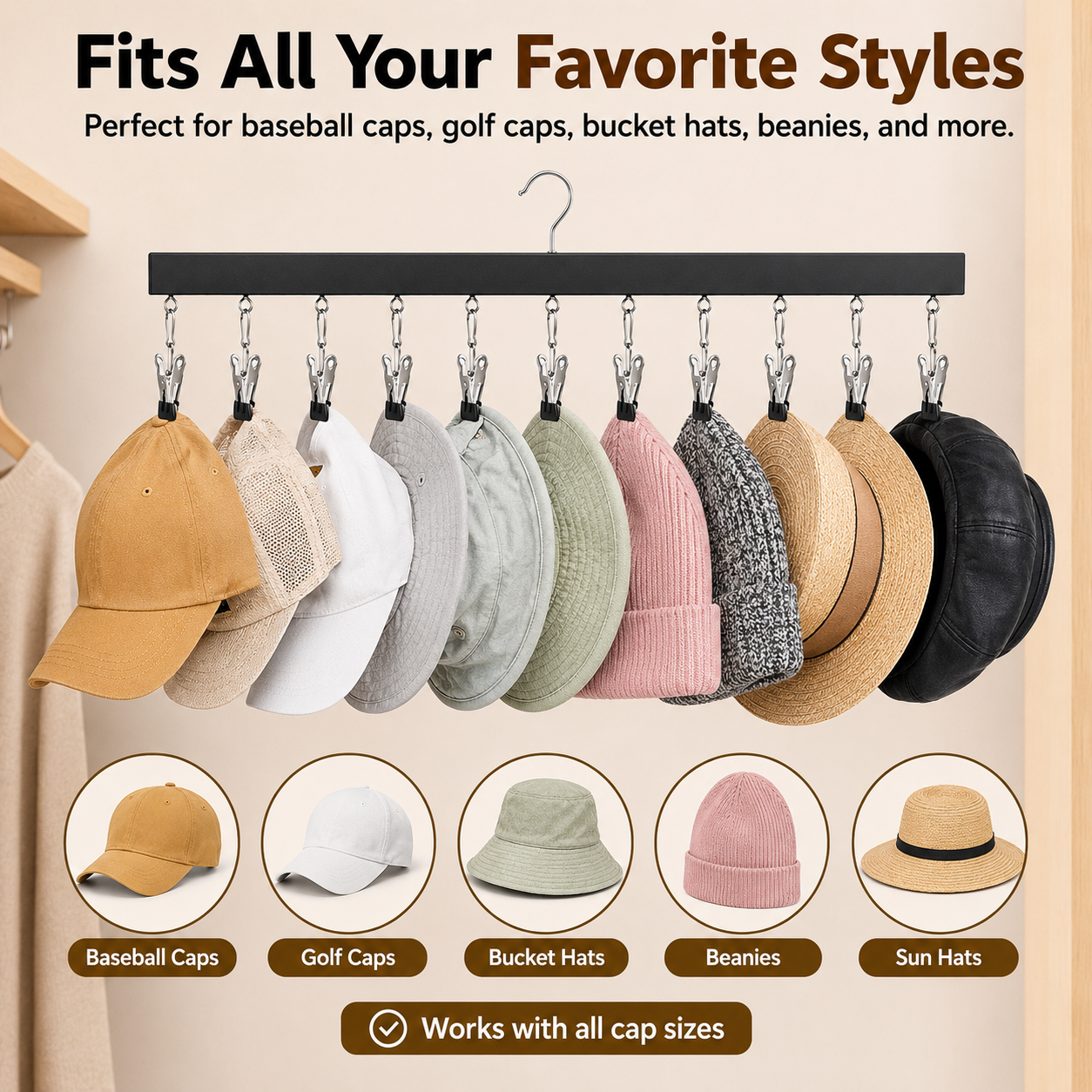 👕 2-in-1 Wooden Clip Hanger – Holds 12 Hats, Jeans, Leggings & More | Sturdy Black Garment Rack for Closet Organization 🧢👖