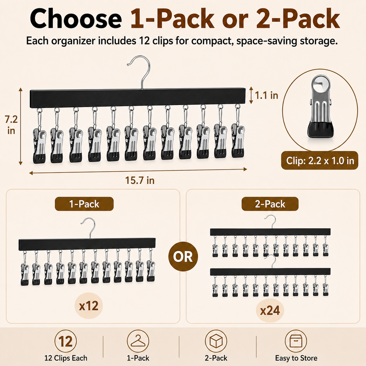 👕 2-in-1 Wooden Clip Hanger – Holds 12 Hats, Jeans, Leggings & More | Sturdy Black Garment Rack for Closet Organization 🧢👖