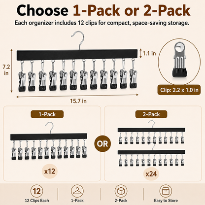 👕 2-in-1 Wooden Clip Hanger – Holds 12 Hats, Jeans, Leggings & More | Sturdy Black Garment Rack for Closet Organization 🧢👖
