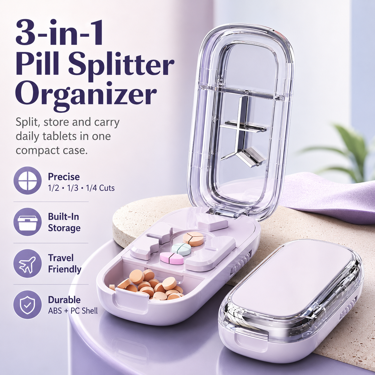 💊Upgrade-Designed Compact 3-in-1 Pill Splitter Organizer