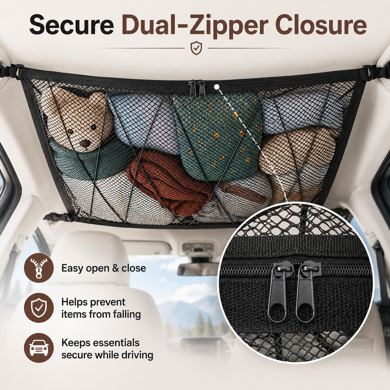 🚙 Ceiling Cargo Net 31"x21" – Double-Layer SUV Roof Organizer for Road Trips