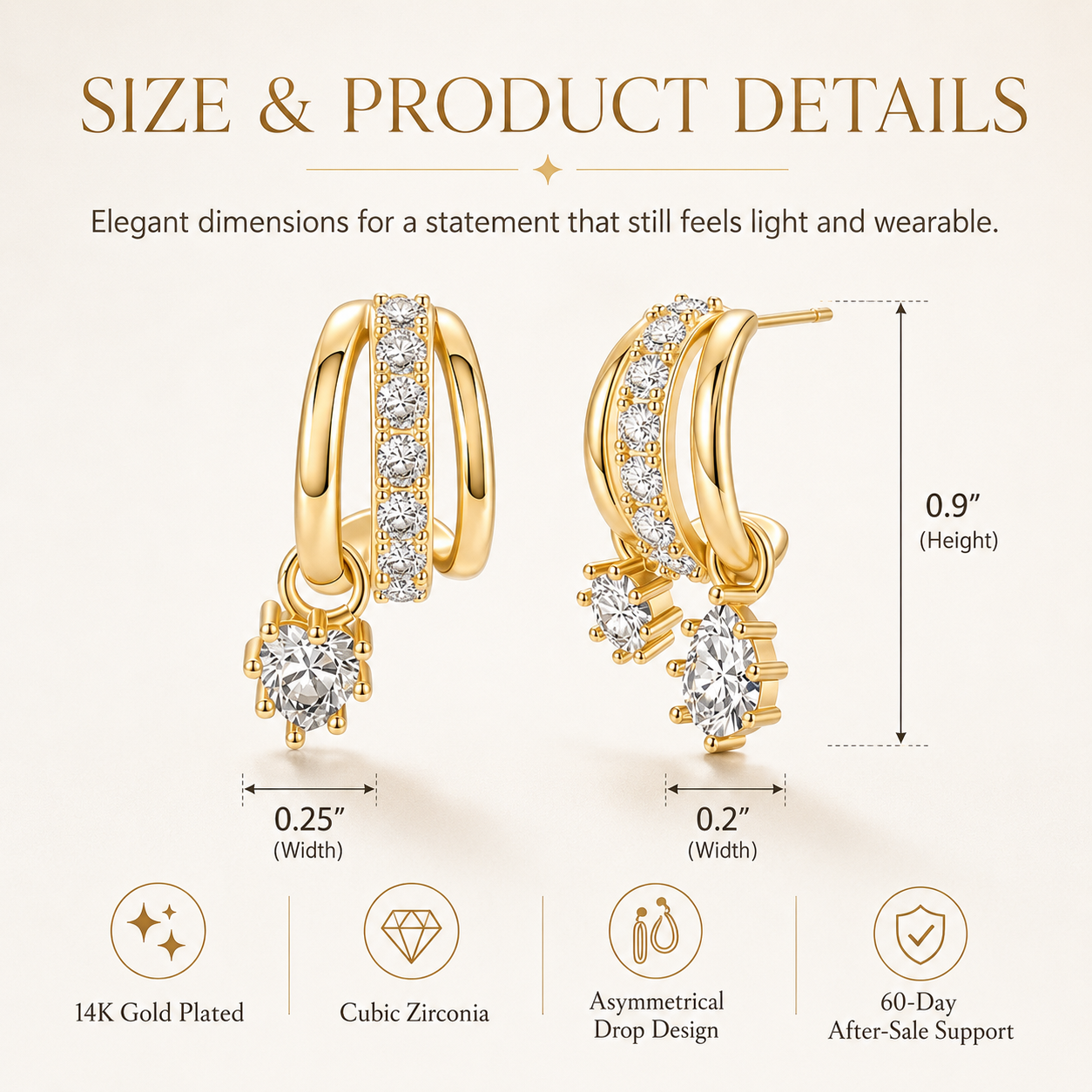 ✨Gold Plated Asymmetrical Earrings – 3-Tier Zircon Pendant Set for Women 💎