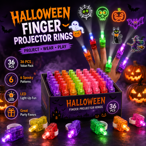 Halloween Finger Projector Rings – 36 PCS LED Light-Up Party Favors | Family Fun, Friend Gatherings & Trick-or-Treat