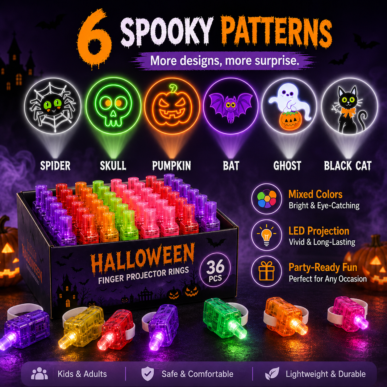 Halloween Finger Projector Rings – 36 PCS LED Light-Up Party Favors | Family Fun, Friend Gatherings & Trick-or-Treat