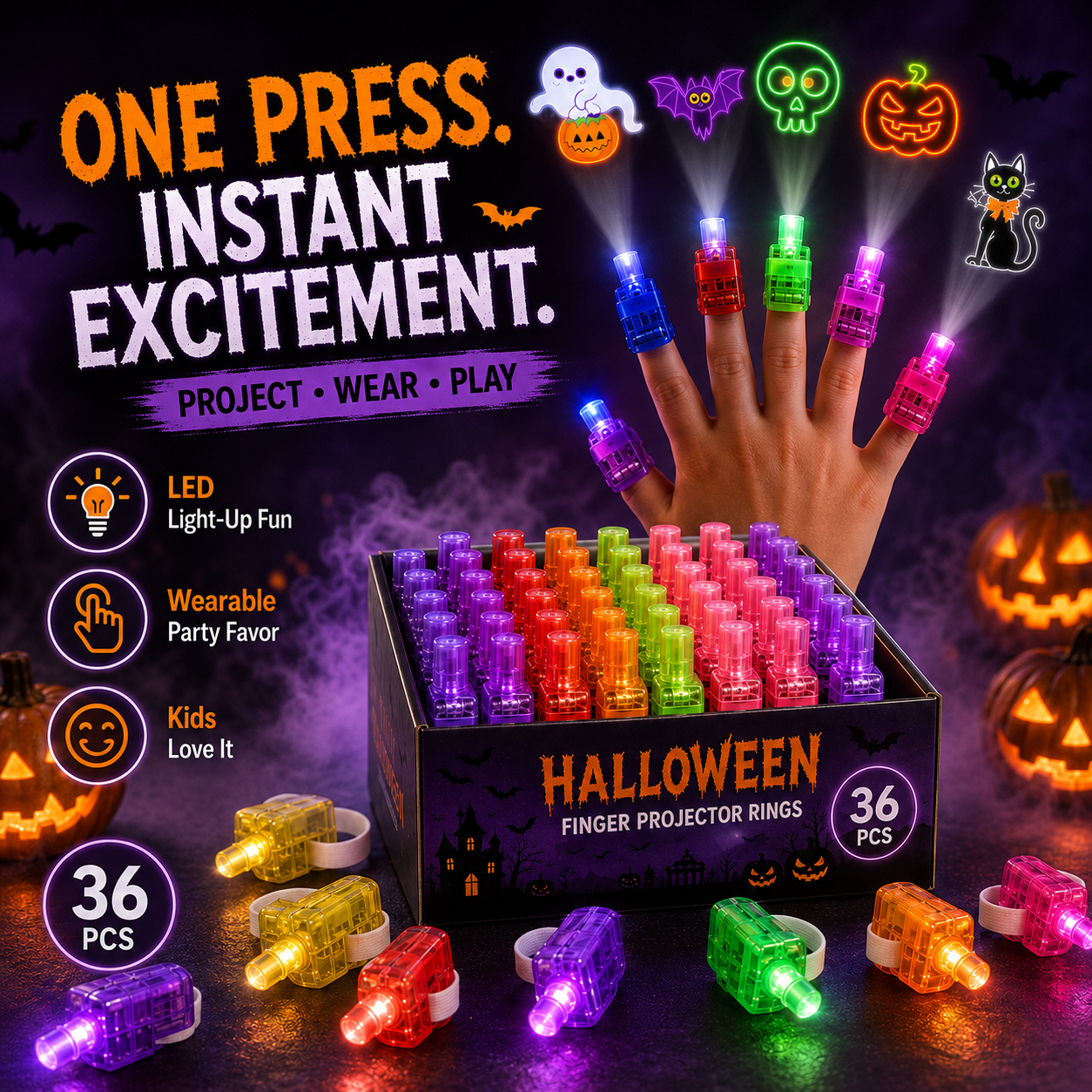 Halloween Finger Projector Rings – 36 PCS LED Light-Up Party Favors | Family Fun, Friend Gatherings & Trick-or-Treat