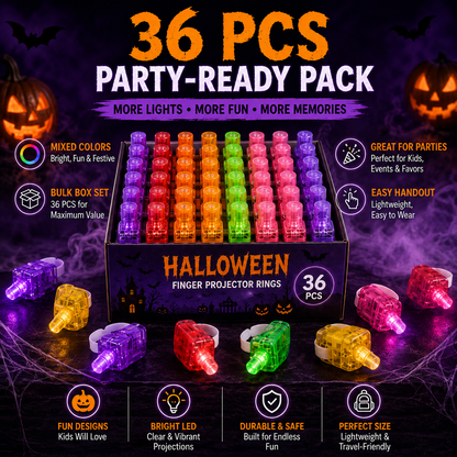 Halloween Finger Projector Rings – 36 PCS LED Light-Up Party Favors | Family Fun, Friend Gatherings & Trick-or-Treat