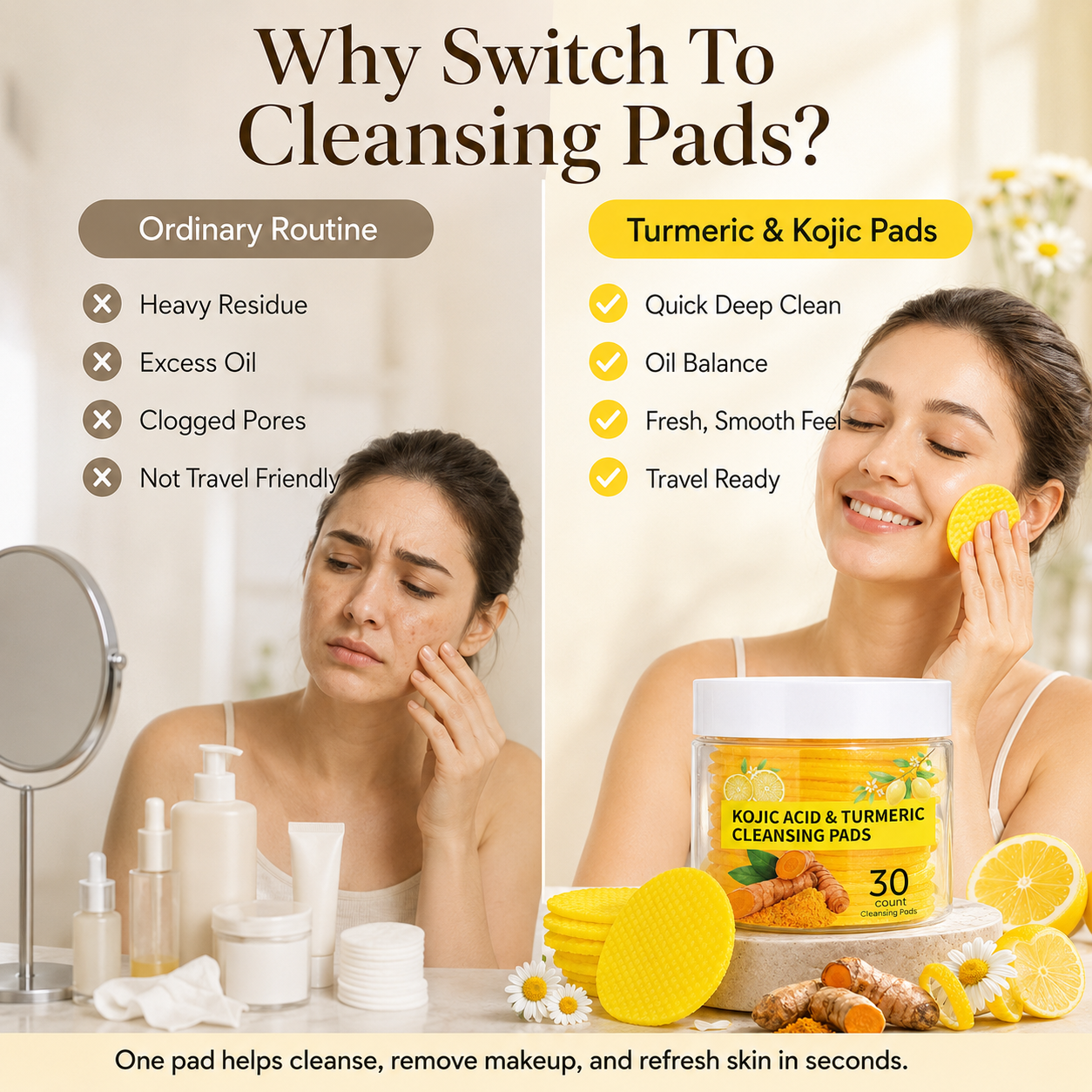 ✨🍃Turmeric + Kojic Brightening Pads – Pore Clean, Oil Balance, Glow On
